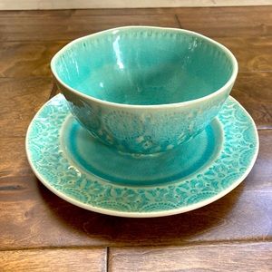 ANTHROPOLOGIE Old Havana Mint Glazed Ceramic Matching Bowl and Plate Set